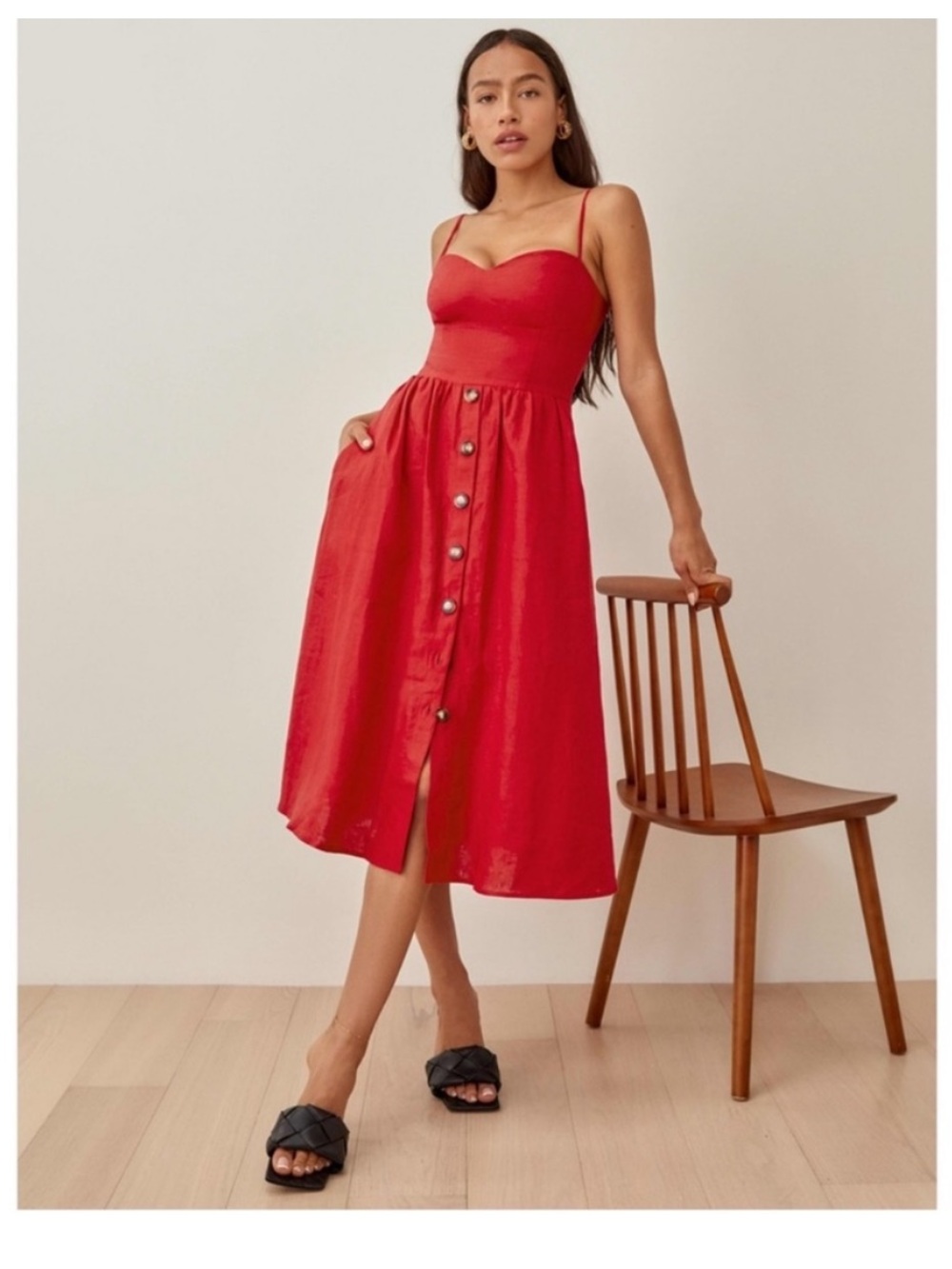 Reformation Cherry Red Linen Cale Tori Button Front Midi Dress— 6